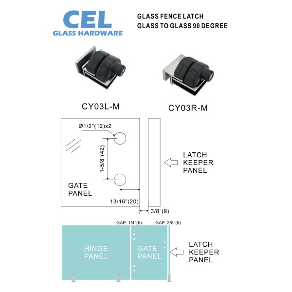CY03M Swimming Pool Glass to Glass 90° Gate Latch w. Door Lock-With Key For 3/8"-5/8" Glass Thickness